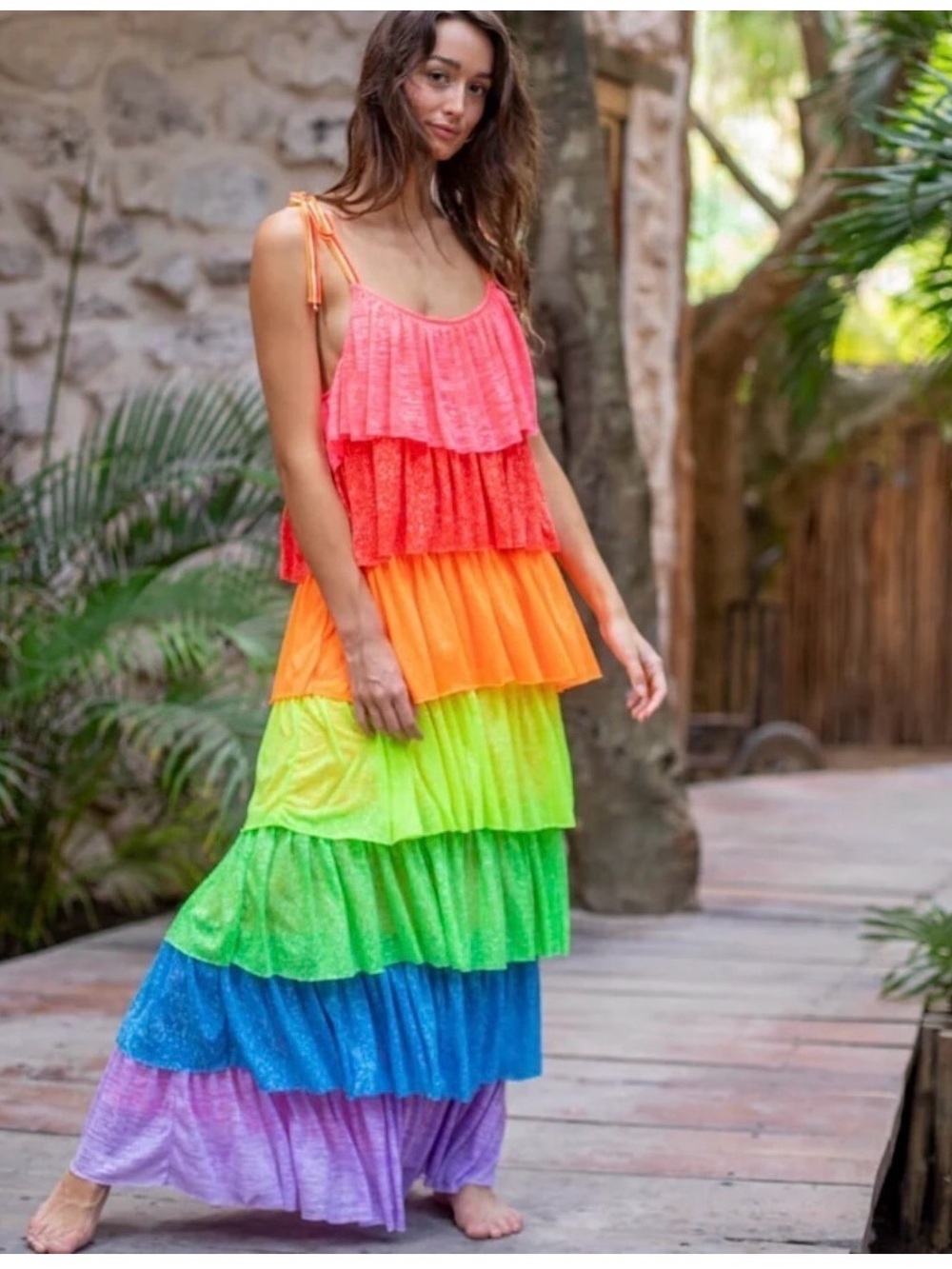 Rainbow Tiered Ruffle Maxi Dress - Multicolor size medium